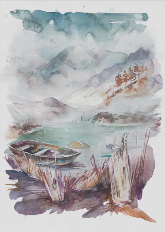 Wandbild Kunstdruck Aquarell Schilf Boot Illustration