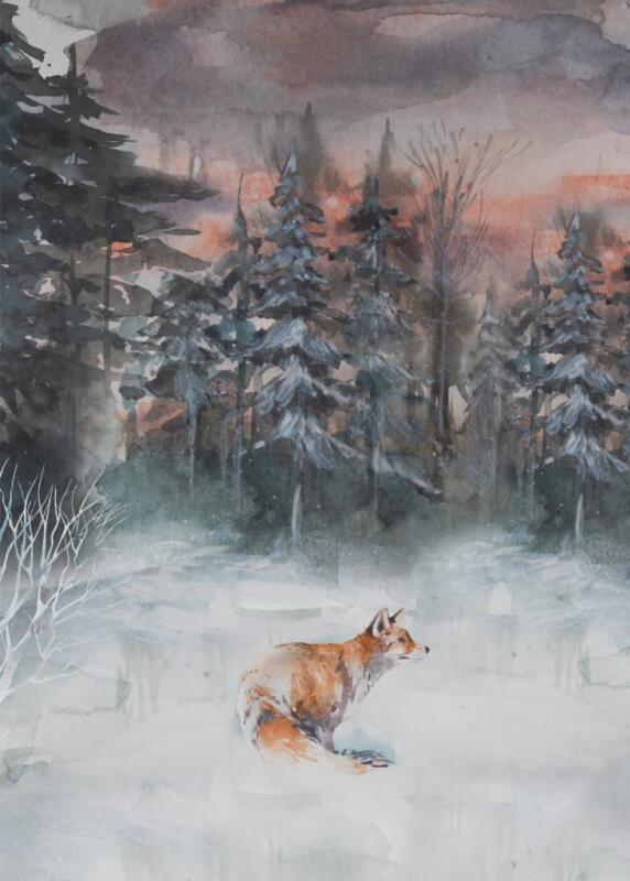 Wandbild Kunstdruck Aquarell Fuchs Winter Wald Illustration