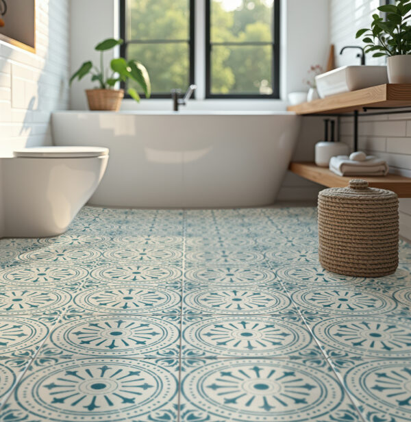 Bodenfliesenaufkleber im Badezimmer. Portugiesisches Vintage Design